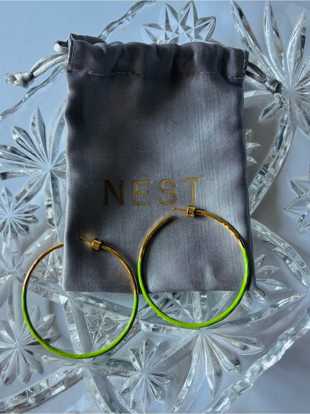 Nest Skinny Enamel Dip Neon Green & Gold Hoop Pierced Earrings 2” 22k Gold Plate